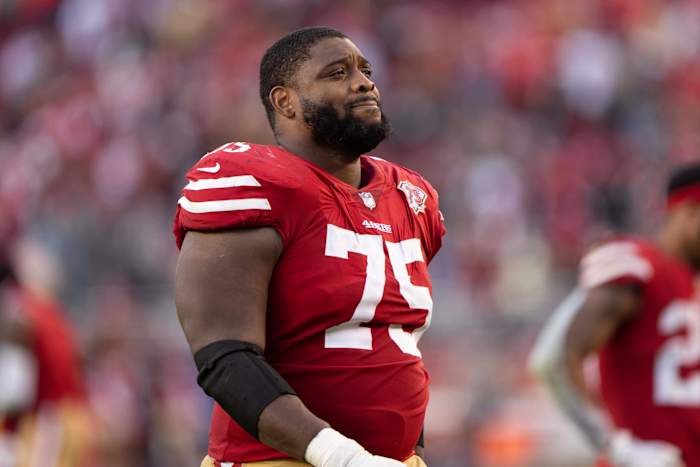 49ers guard Laken Tomlinson smiles after win